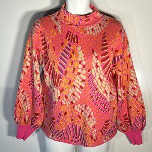 FATE SZ L Bright Pink Abstract Mock Neck Sweater Comfy Art to Wear Colorful